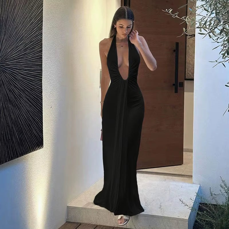 Sexy Halter Deep V Neck Women Backless Casual Long White Dress 2025 Summer Clothes for Women Beach
