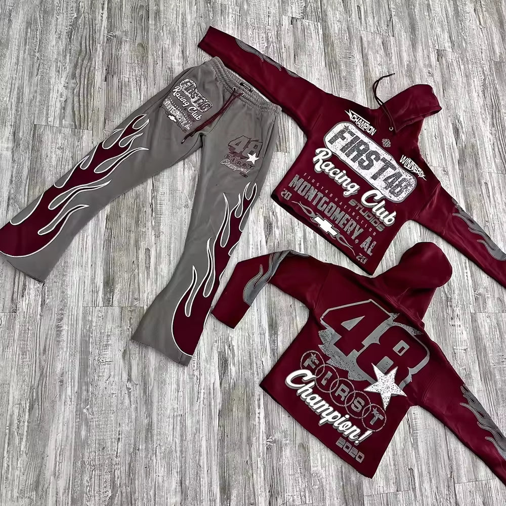 2025 Manufacturers for Custom Clothes Flared Sweatpants and Hoodie Set Men High Quality Puff Printing Hoodies Men Y2K Sweatsuit