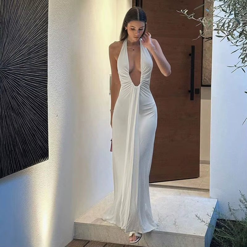 Sexy Halter Deep V Neck Women Backless Casual Long White Dress 2025 Summer Clothes for Women Beach