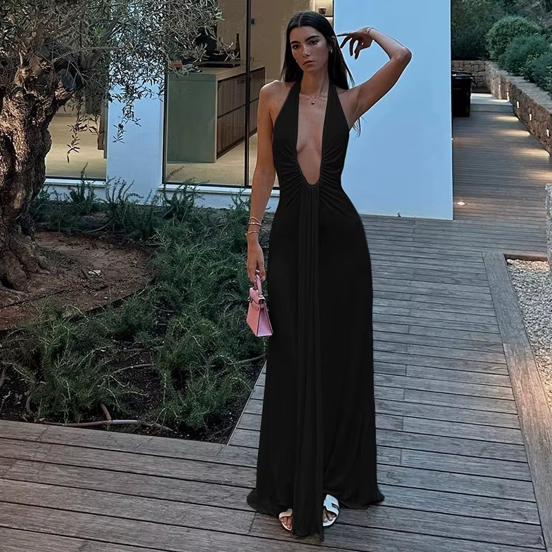 Sexy Halter Deep V Neck Women Backless Casual Long White Dress 2025 Summer Clothes for Women Beach