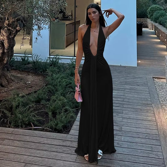 Sexy Halter Deep V Neck Women Backless Casual Long White Dress 2025 Summer Clothes for Women Beach