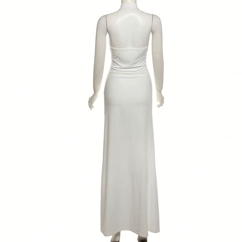 Sexy Halter Deep V Neck Women Backless Casual Long White Dress 2025 Summer Clothes for Women Beach