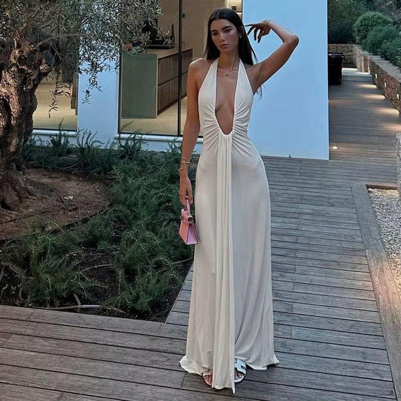 Sexy Halter Deep V Neck Women Backless Casual Long White Dress 2025 Summer Clothes for Women Beach