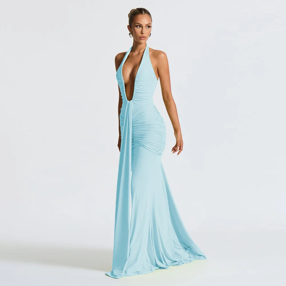 Sexy Halter Deep V Neck Women Backless Casual Long Dress 2025 Summer Clothes for Women Beach