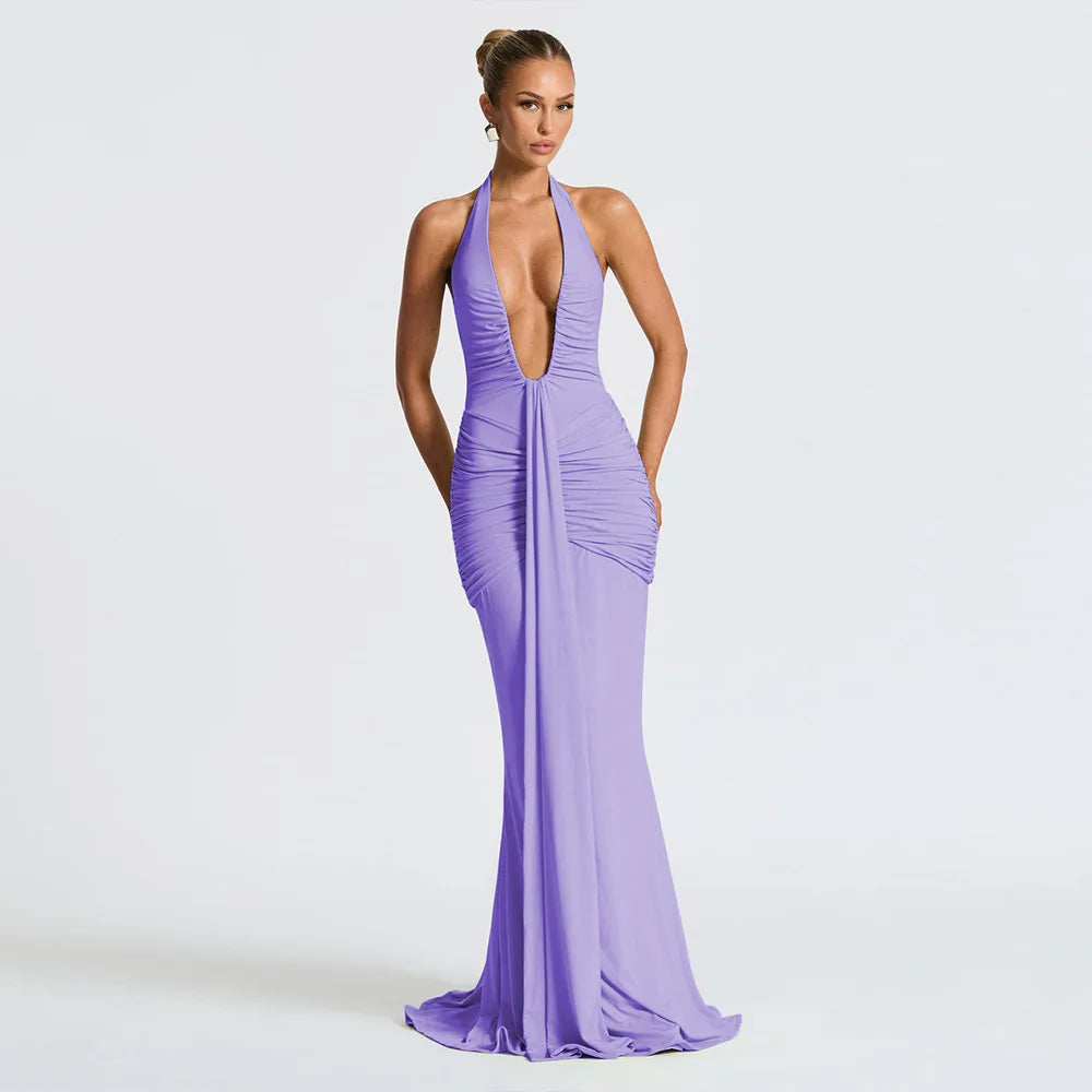 Sexy Halter Deep V Neck Women Backless Casual Long Dress 2025 Summer Clothes for Women Beach