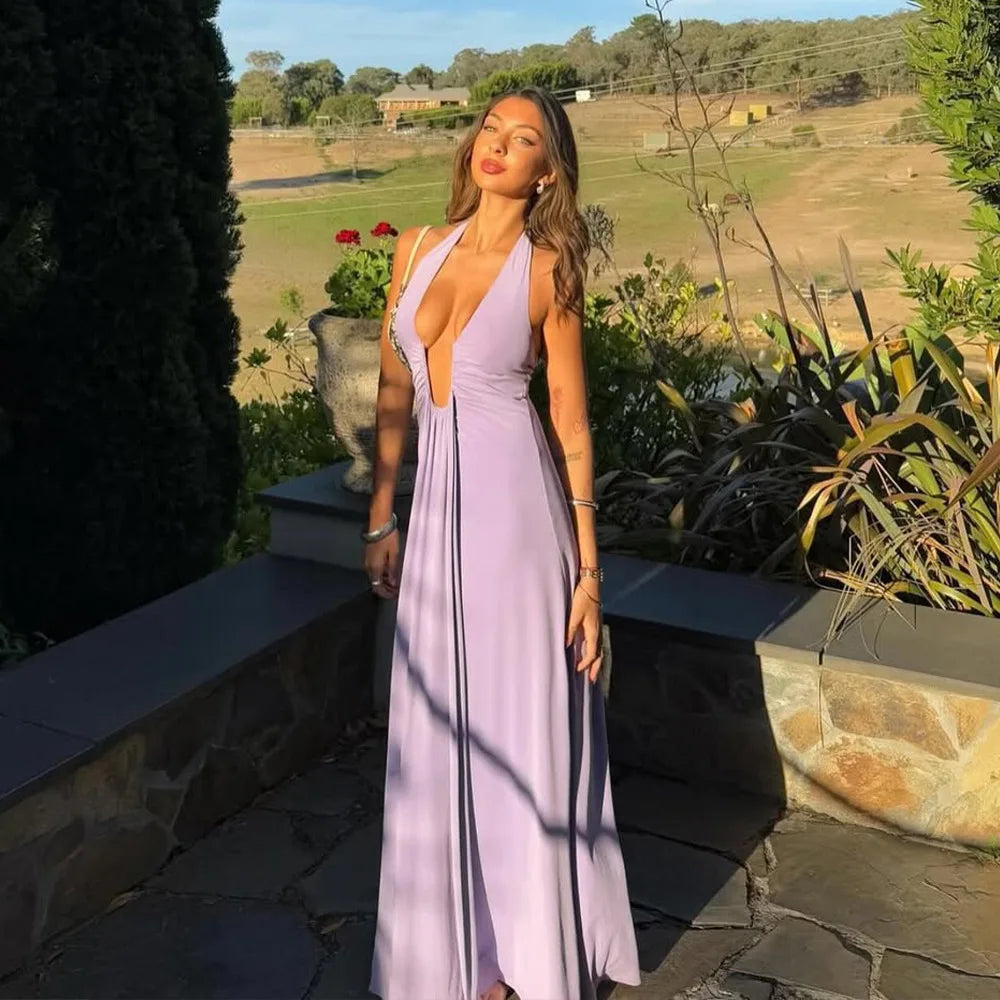 Sexy Halter Deep V Neck Women Backless Casual Long Dress 2025 Summer Clothes for Women Beach