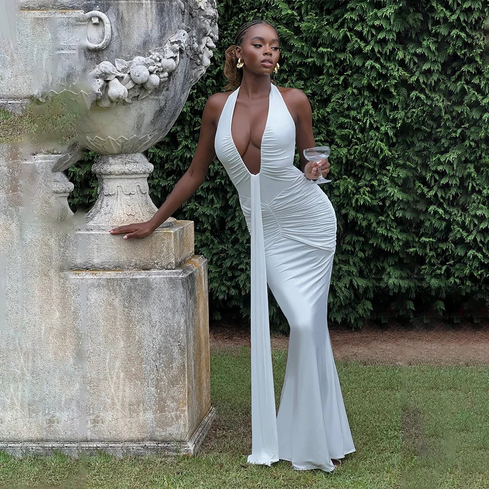 Sexy Halter Deep V Neck Women Backless Casual Long Dress 2025 Summer Clothes for Women Beach
