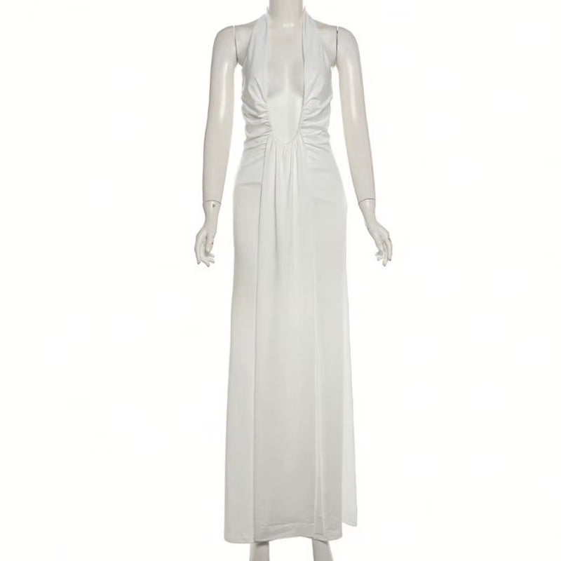 Sexy Halter Deep V Neck Women Backless Casual Long White Dress 2025 Summer Clothes for Women Beach